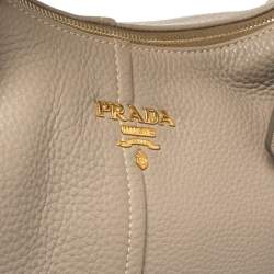 Pre Owned Prada Beige Vitello Daino Leather Zip Top Hobo