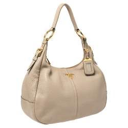 Pre Owned Prada Beige Vitello Daino Leather Zip Top Hobo