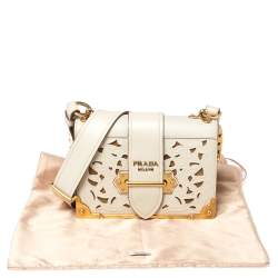 Pre Owned Prada Off White Laser Cut Leather Cahier Flap Shoulder Bag