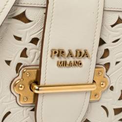 Pre Owned Prada Off White Laser Cut Leather Cahier Flap Shoulder Bag