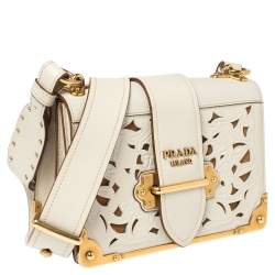 Pre Owned Prada Off White Laser Cut Leather Cahier Flap Shoulder Bag