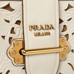 Pre Owned Prada Off White Laser Cut Leather Cahier Flap Shoulder Bag