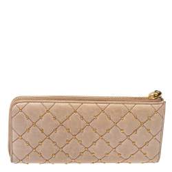 Pre Owned Prada Beige Leather Studded Zip Around Wallet