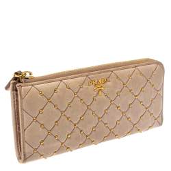 Pre Owned Prada Beige Leather Studded Zip Around Wallet