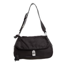 Pre Owned حقيبة كتف برادا قلاب قفل دوار جلد و نايلون بني داكن 