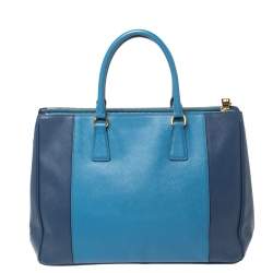 Pre Owned Prada Two Tone Blue Saffiano Lux Leather Large Double Zip Tote