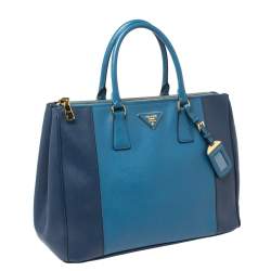Pre Owned Prada Two Tone Blue Saffiano Lux Leather Large Double Zip Tote