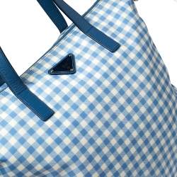 Pre Owned Prada Blue Gingham Print Nylon Tote