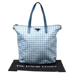 Pre Owned Prada Blue Gingham Print Nylon Tote