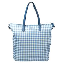 Pre Owned Prada Blue Gingham Print Nylon Tote