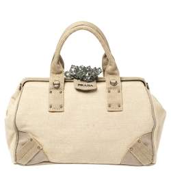 Pre Owned Prada Beige Canvas Mistolino Cluster Crystal Embellished Frame Bag