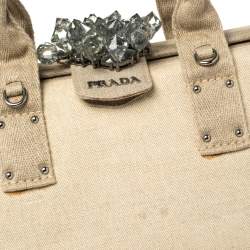 Pre Owned Prada Beige Canvas Mistolino Cluster Crystal Embellished Frame Bag