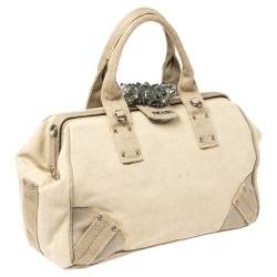 Pre Owned Prada Beige Canvas Mistolino Cluster Crystal Embellished Frame Bag
