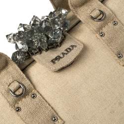 Pre Owned Prada Beige Canvas Mistolino Cluster Crystal Embellished Frame Bag