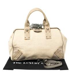 Pre Owned Prada Beige Canvas Mistolino Cluster Crystal Embellished Frame Bag
