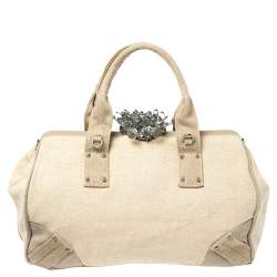 Pre Owned Prada Beige Canvas Mistolino Cluster Crystal Embellished Frame Bag