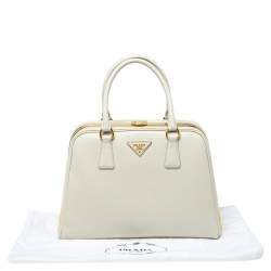 Pre Owned Prada Off White Saffiano Lux Leather Pyramid Frame Satchel
