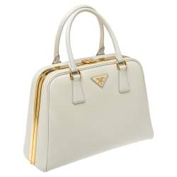 Pre Owned Prada Off White Saffiano Lux Leather Pyramid Frame Satchel