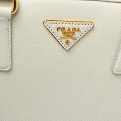 Pre Owned Prada Off White Saffiano Lux Leather Pyramid Frame Satchel