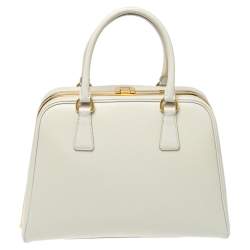Pre Owned Prada Off White Saffiano Lux Leather Pyramid Frame Satchel