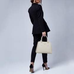 Pre Owned Prada Off White Saffiano Lux Leather Pyramid Frame Satchel