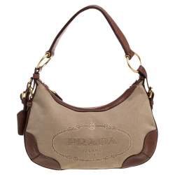 PRADA Logo Soft Leather Hobo Shoulder Bag Taupe