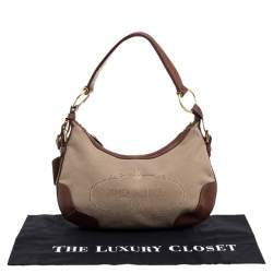 Pre Owned حقيبة هوبو برادا جلد و كانفاس جاكارد شعار الماركة بني فاتح و بيج
