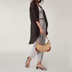 Pre Owned حقيبة هوبو برادا جلد و كانفاس جاكارد شعار الماركة بني فاتح و بيج