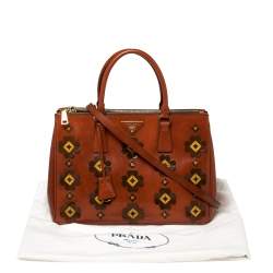 Pre Owned Prada Dark Orange Floral Applique Leather Medium Double Zip Tote