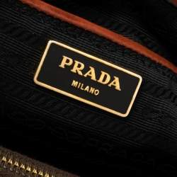 Pre Owned Prada Dark Orange Floral Applique Leather Medium Double Zip Tote