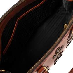 Pre Owned Prada Dark Orange Floral Applique Leather Medium Double Zip Tote