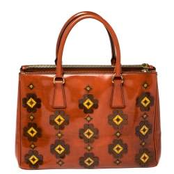 Pre Owned Prada Dark Orange Floral Applique Leather Medium Double Zip Tote