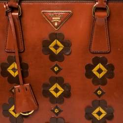 Pre Owned Prada Dark Orange Floral Applique Leather Medium Double Zip Tote