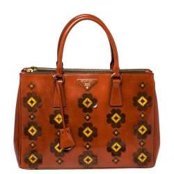 Pre Owned Prada Dark Orange Floral Applique Leather Medium Double Zip Tote