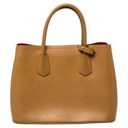 Pre Owned Prada Tan Saffiano Cuir Leather Medium Double Handle Tote