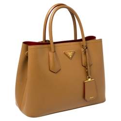 Pre Owned Prada Tan Saffiano Cuir Leather Medium Double Handle Tote