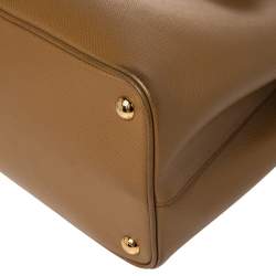 Pre Owned Prada Tan Saffiano Cuir Leather Medium Double Handle Tote