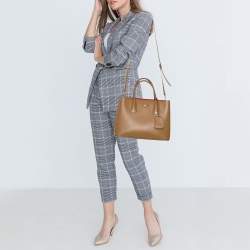 Pre Owned Prada Tan Saffiano Cuir Leather Medium Double Handle Tote