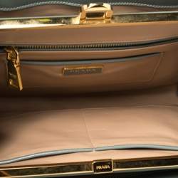 Pre Owned Prada Dusty Blue Saffiano Vernice Leather Frame Tote