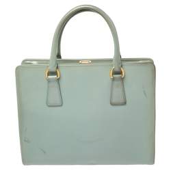 Pre Owned Prada Dusty Blue Saffiano Vernice Leather Frame Tote