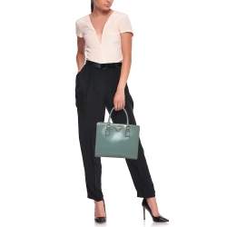 Pre Owned Prada Dusty Blue Saffiano Vernice Leather Frame Tote