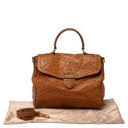 Pre Owned Prada Cognac Struzzo Ostrich Pushlock Flap Top Handle Bag