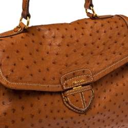 Pre Owned Prada Cognac Struzzo Ostrich Pushlock Flap Top Handle Bag