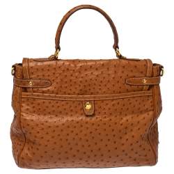 Pre Owned Prada Cognac Struzzo Ostrich Pushlock Flap Top Handle Bag