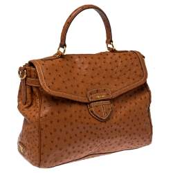 Pre Owned Prada Cognac Struzzo Ostrich Pushlock Flap Top Handle Bag