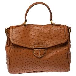 Pre Owned Prada Cognac Struzzo Ostrich Pushlock Flap Top Handle Bag