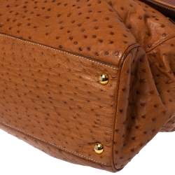 Pre Owned Prada Cognac Struzzo Ostrich Pushlock Flap Top Handle Bag
