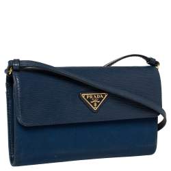 Prada Blue Leather and Nylon Logo Flap Wallet on Strap