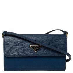 Prada Blue Leather and Nylon Logo Flap Wallet on Strap