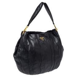 Pre Owned Prada Black Stripes Leather Hobo